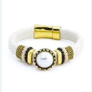 Laura Janelle Faux Pearl with Textured Band Bracelet